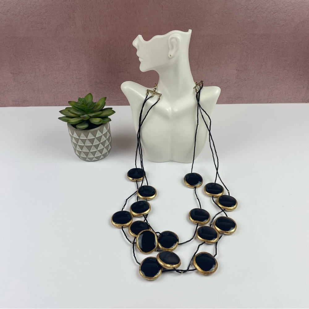 Chico's Black Gold Circles Boho Bohemian Statement Necklace Women Jewelry